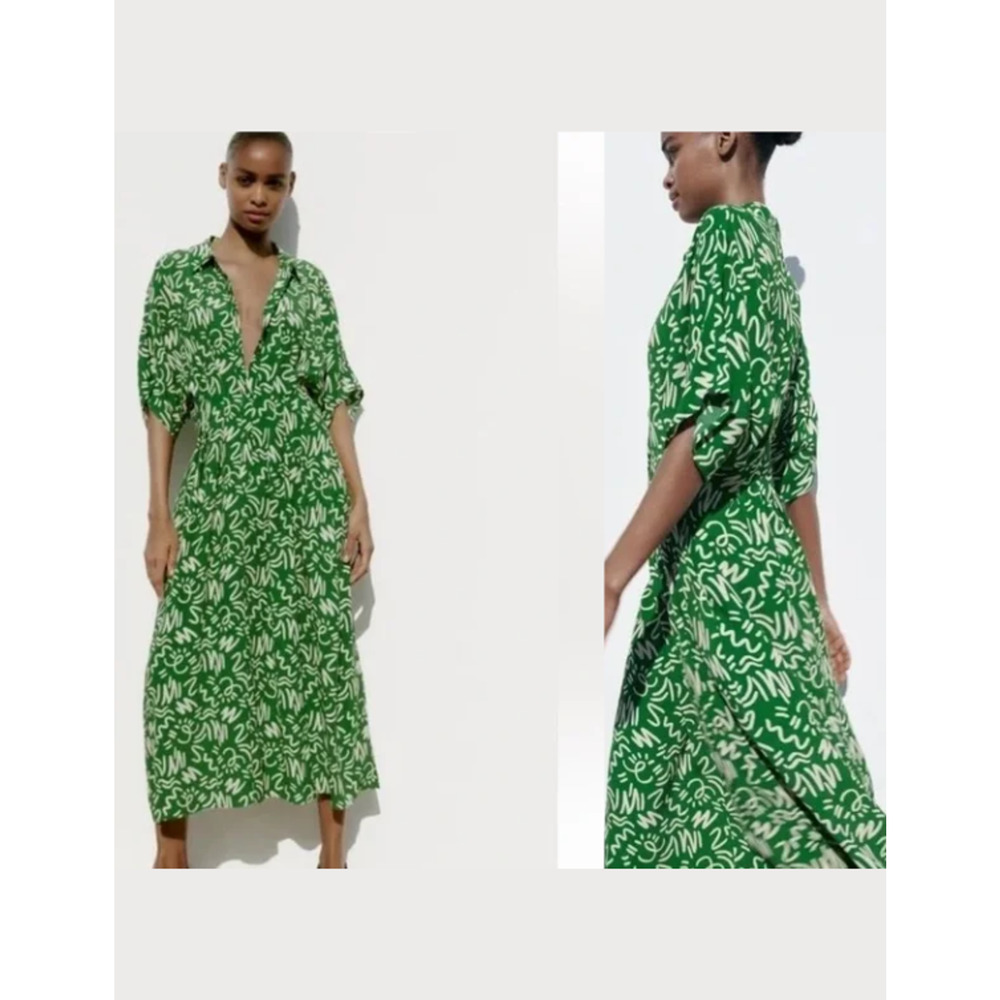 Zara The Elora Dress Womens Size XL Green White Printed Midi Button Up Boho